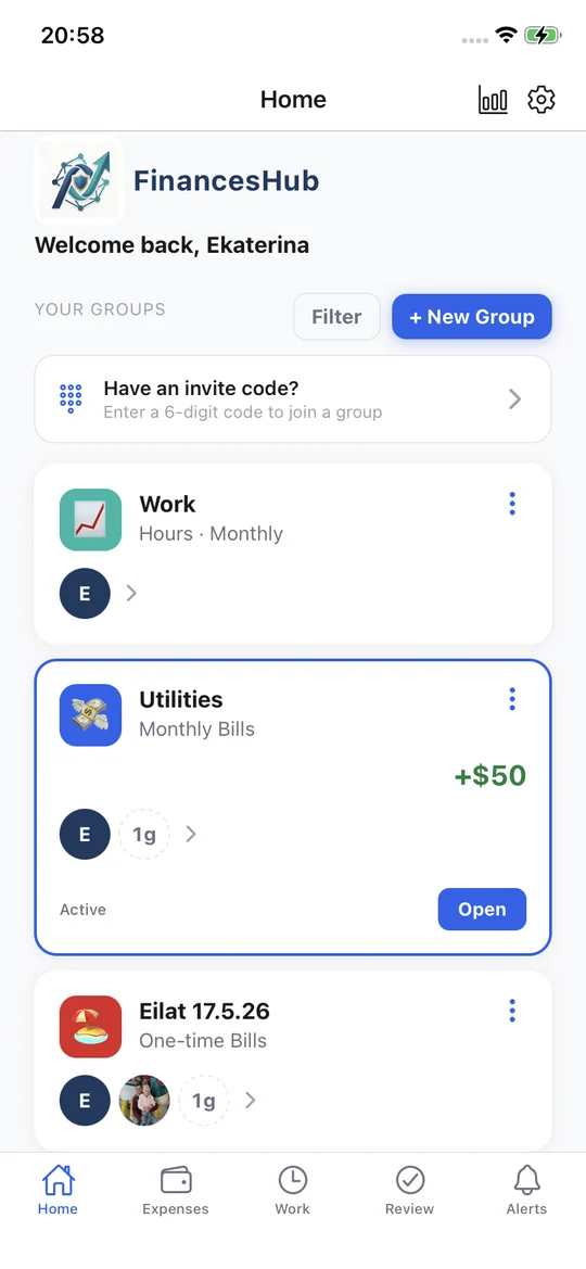 FinancesHub home screen: work hours, monthly bills and a trip, each as its own group